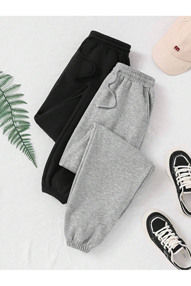 İkili Siyah Gri Basic Oversize Eşofman Seti Paça Lastikli - 1