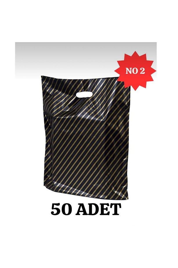 Mağaza Poşeti Çizgili Siyah Poşet (NO 2) 50'li Diagonal Takviyeli Poşet - 1