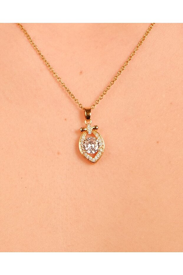 Kadın Takı Kararmaz Çelik Tek Taşlı Kolye - 5