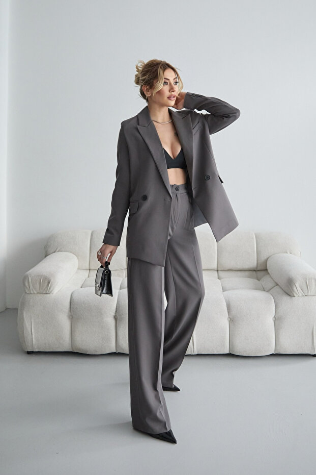Női antracit blézer dzseki Palazzo nadrágkosztüm - 3
