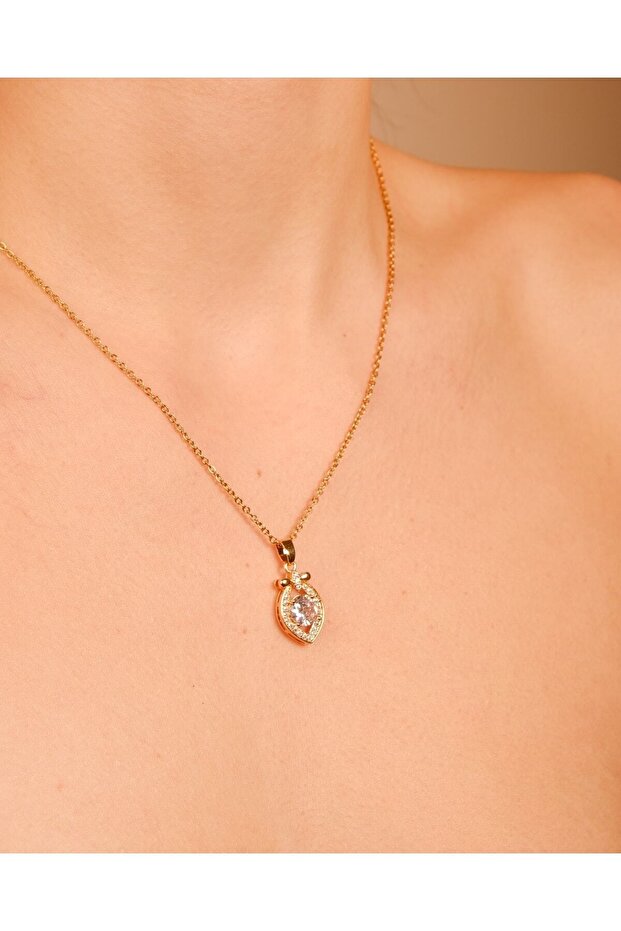 Kadın Takı Kararmaz Çelik Tek Taşlı Kolye - 7