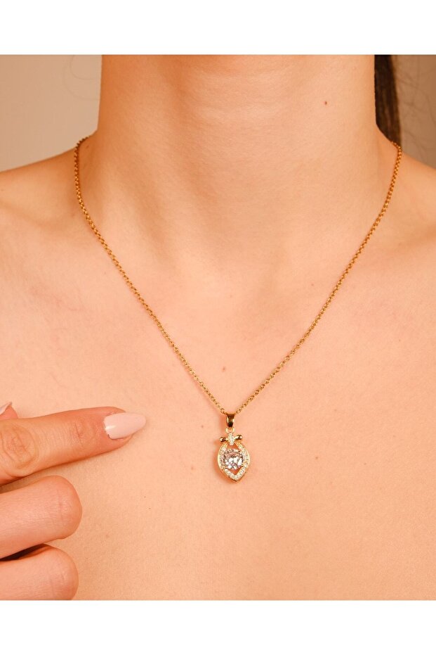 Kadın Takı Kararmaz Çelik Tek Taşlı Kolye - 1