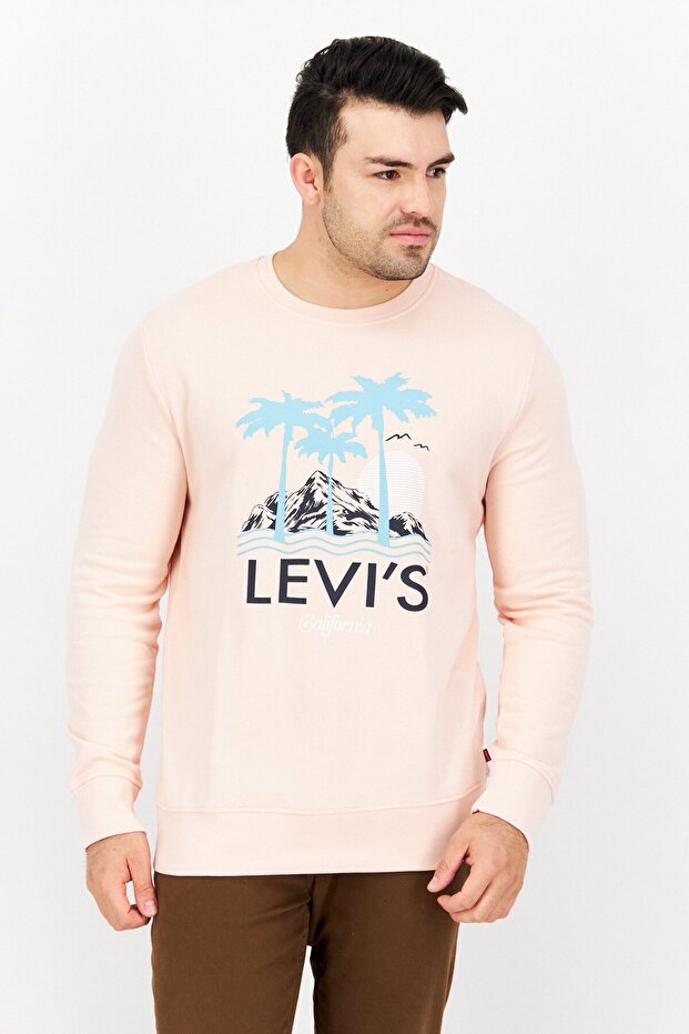 Men Crew Neck Long Sleeve Graphic Print Sweatshirts, Peach