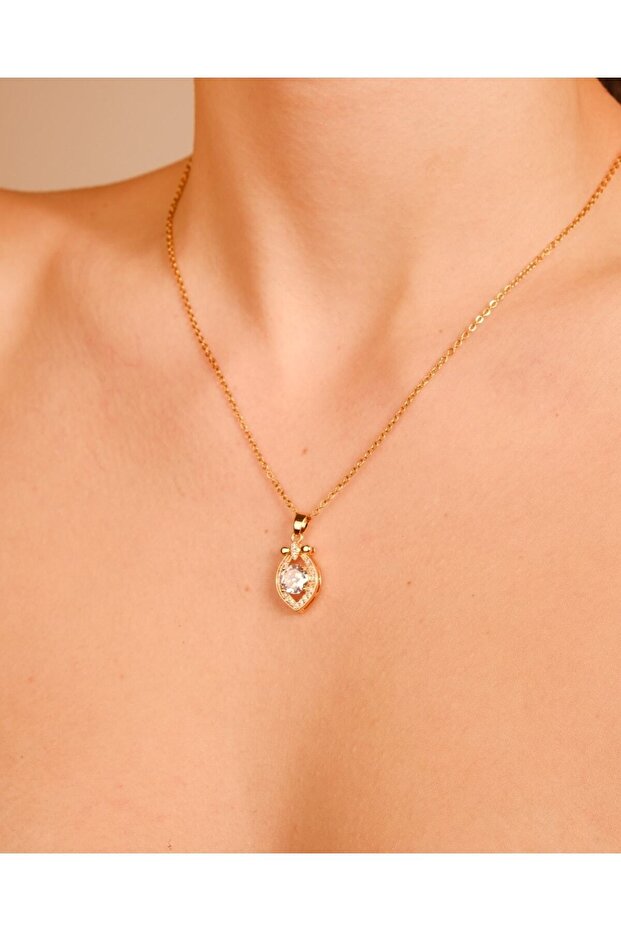 Kadın Takı Kararmaz Çelik Tek Taşlı Kolye - 6