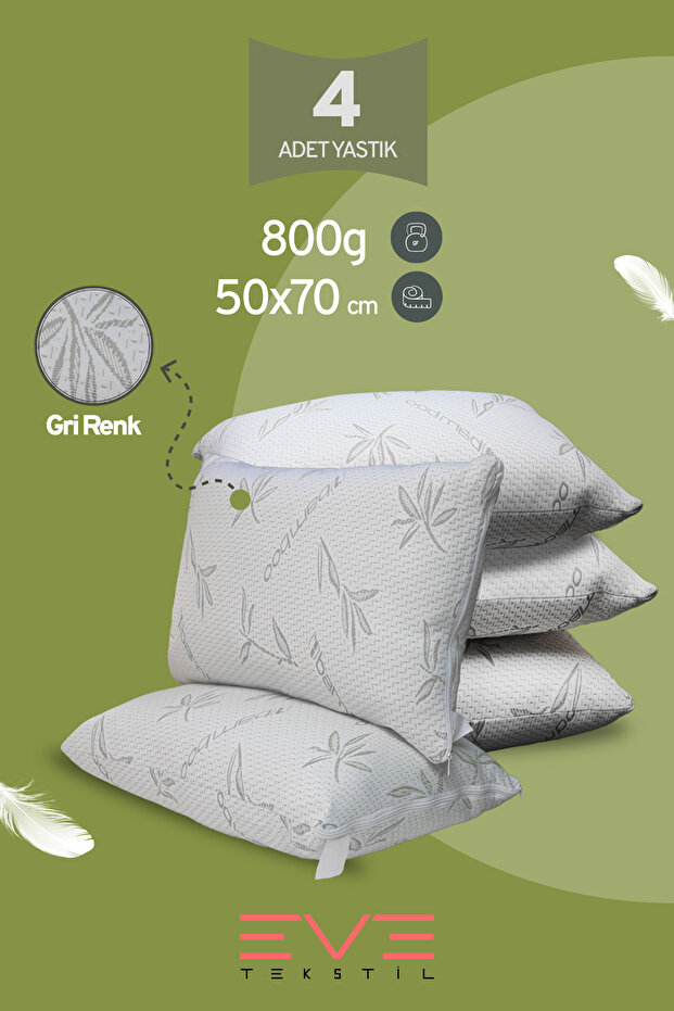 4 Pieces Bamboo Gray Series Zippered Washable Antiallergic Silicone Fiber Pillow 50X70Cm 800