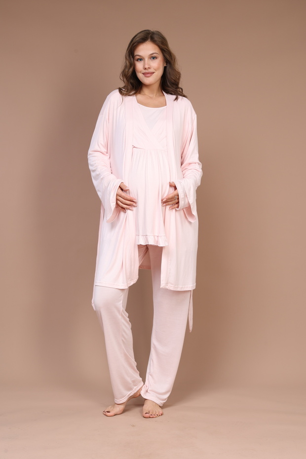 Double Breasted Maternity Pajama Set with Plain Dressing Gown