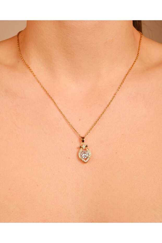 Kadın Takı Kararmaz Çelik Tek Taşlı Kolye - 2