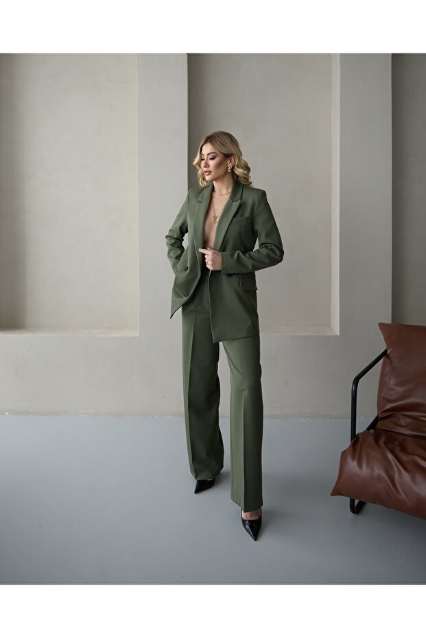 Women's Khaki Blazer Jacket Palazzo Pants Suit