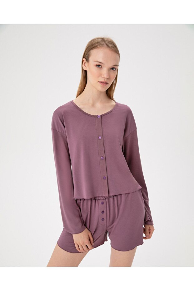 Lilac Women's Long Sleeve Buttoned Flounce Pajama Top