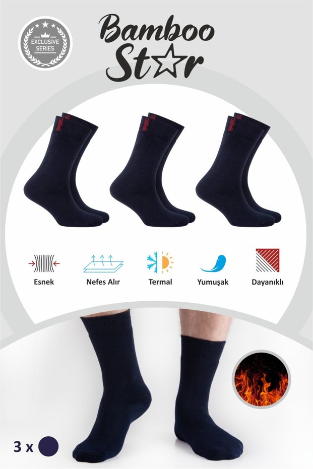 Thermal Men's Socks Terry Cotton Winter Thick Premium Navy Blue Long Socks 3-Piece