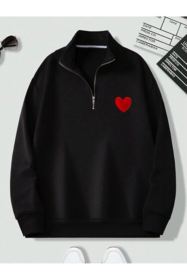 Black Stand Collar Heart Printed Pullover Sweatshirt