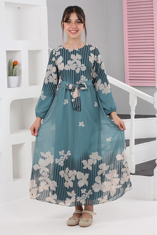 Girl's Floral Patterned Chiffon Long Hijab Dress