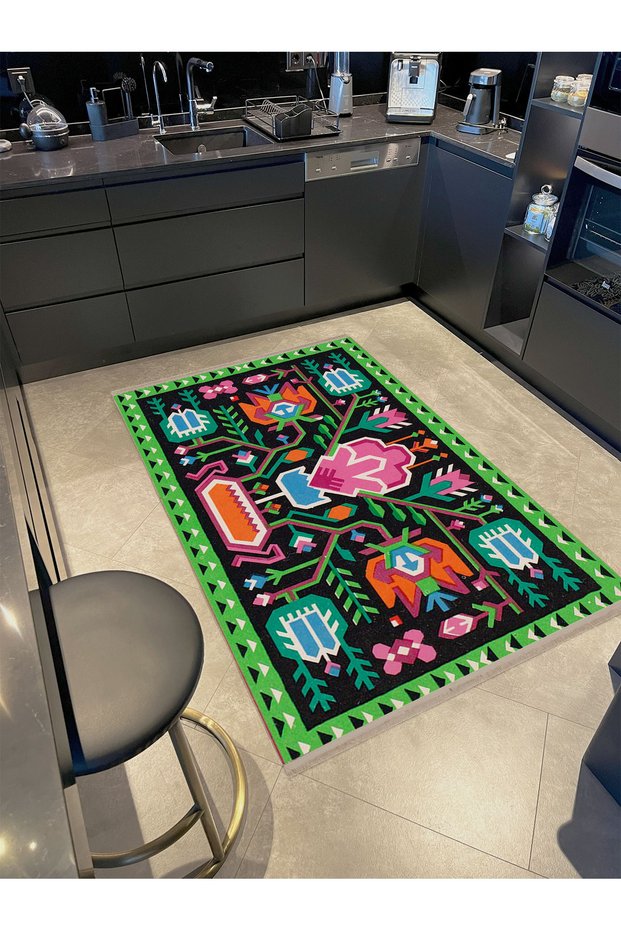 Kemal Collection Green Themed Colorful Shapes Detailed Woven Base Modern Decorative Carpet Kemal07