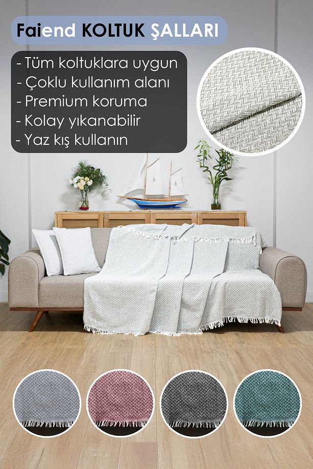 Koltuk Örtüsü 180 X 200 Cm Kanepe Çekyat Divan Berjer Örtüsü Pamuklu Yikanabilir Sade Şal - 2