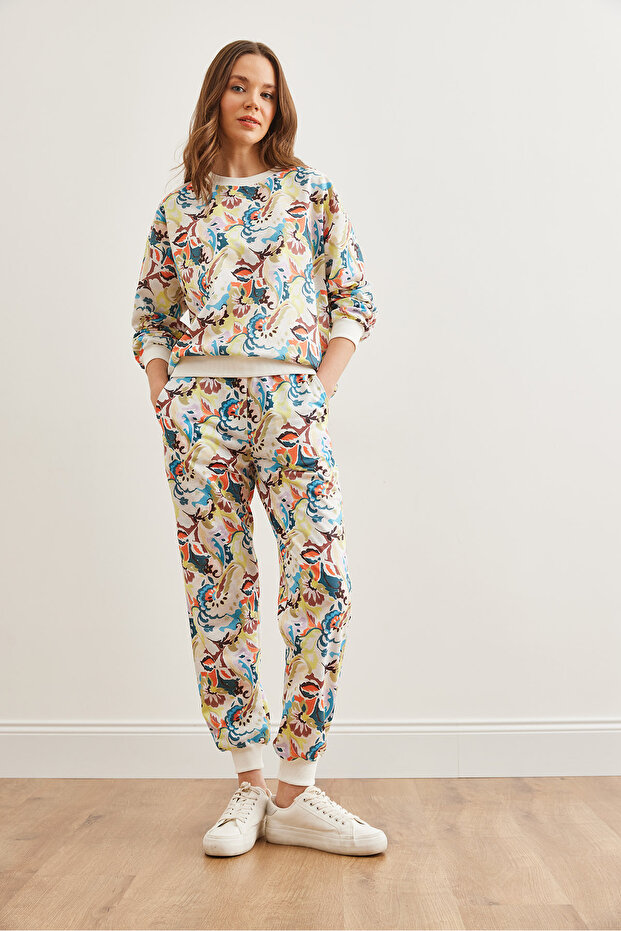 Kadın Sulu Boya Ekru Basic Eşofman Takımı ETKM-0000069 - 5