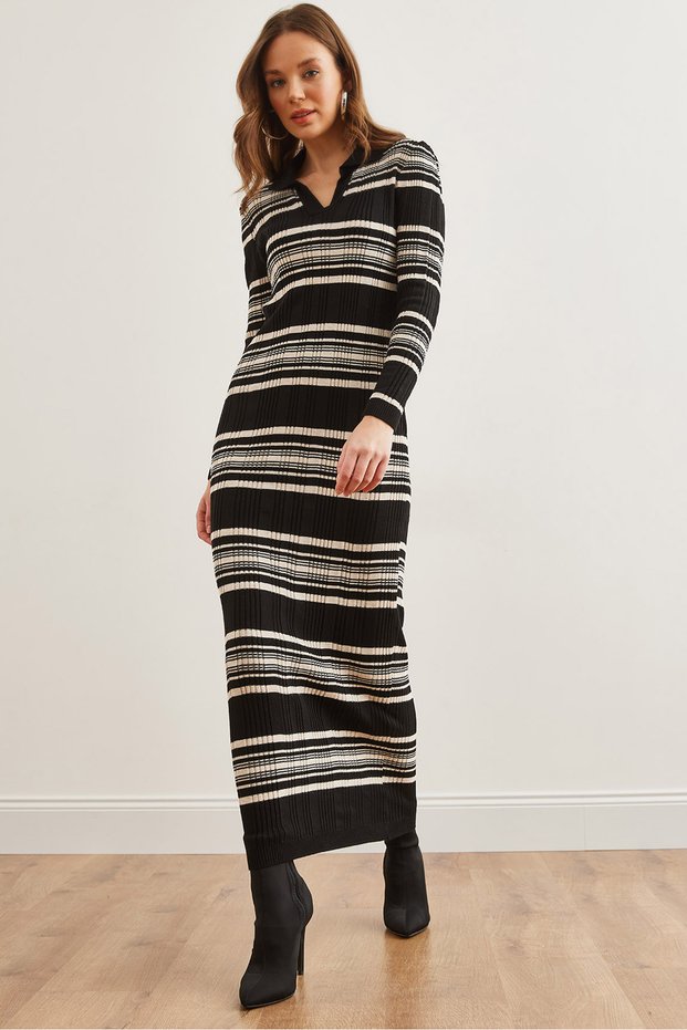 Women's Black Striped Ribbed Polo Neck Maxi Knitwear Dress Elb- 19002318
