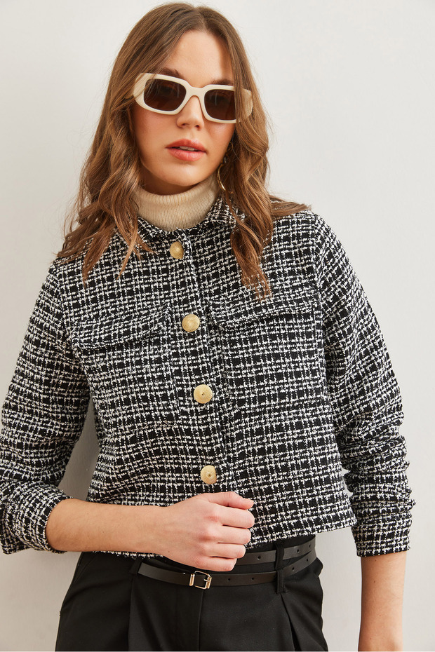 Women's Black Pocket Buttoned Glitter Detailed Tweed Jacket Ckt- 19000411