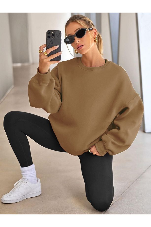 Kadın Bisiklet Yaka Basic Oversize Sweatshirt VİZON - 1