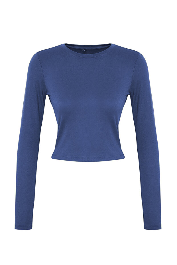 İndigo Viskon Bisiklet Yaka Crop Esnek Örme Bluz TWOAW24BZ00116 - 4