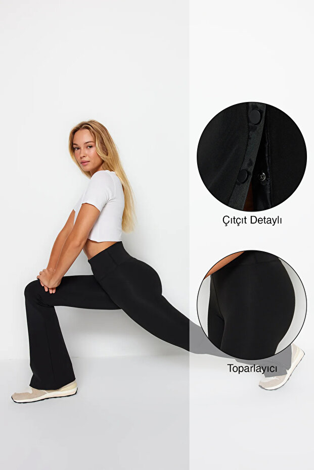 Siyah Toparlayıcı Paça Çıtçıt Detaylı İspanyol Paça Yoga Örme Spor Tayt THMAW24TY00015 - 1
