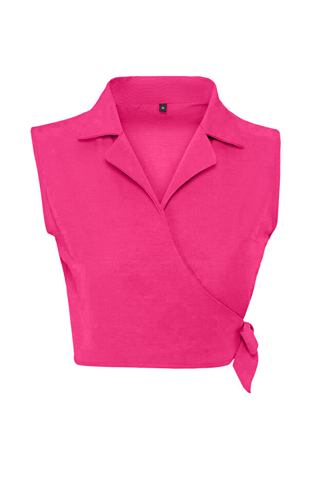 Pembe Bağlamalı Keten Görünümlü Crop Dokuma Bluz TWOSS23BZ00550 - 7