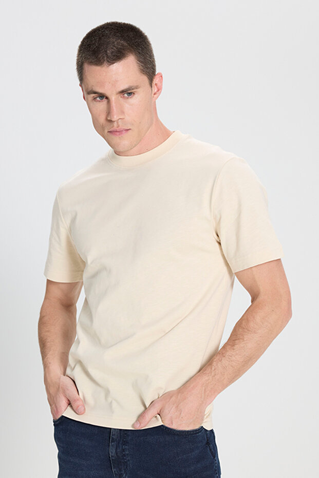 Regular Fit Regular Cut Crew Neck 100% Cotton Beige T-Shirt