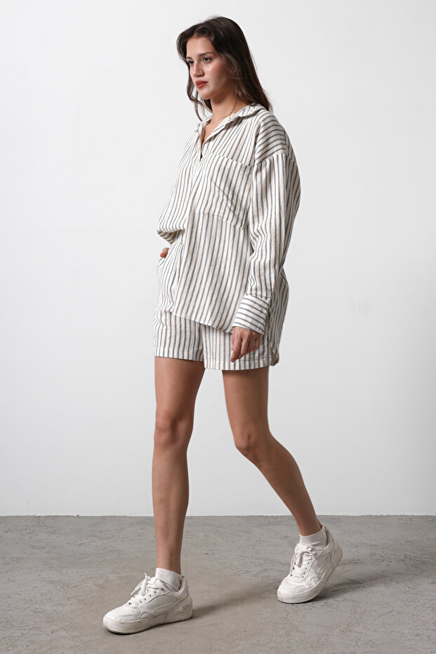 Bej Beli Lastikli Çizgili Müslin Şort & Bermuda TWOSS25SR00039 - 3