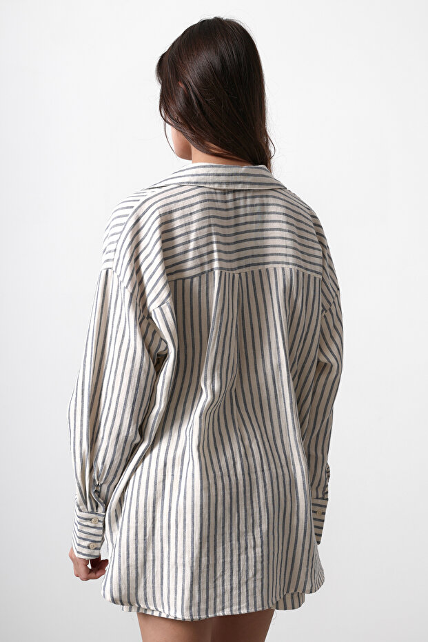 Bej Oversize Cepli Çizgili Düşük Kol Gömlek TWOSS25GO00061 - 5
