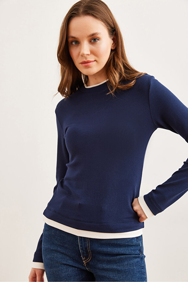 Women's Navy Blue Soft Touch Flexible Blouse with Neckline and Skirt Garnish Blz- 19002802