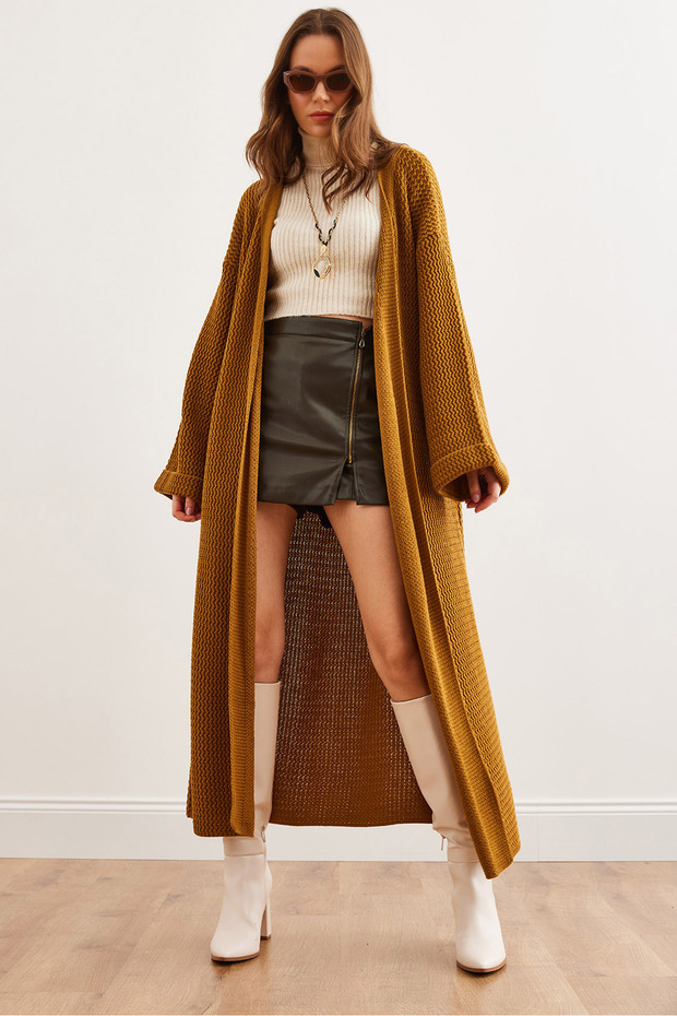 Women's Mustard Cuff Folded Maxi Sweater Cardigan Hrk- 19000297