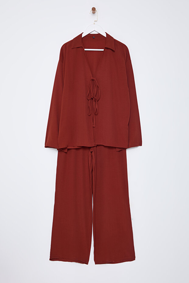 Kiremit Oversize Önü Bağlamalı Bluz Ve Geniş Paça Pantolon Dokuma Alt-Üst Takım TWOSS25AU00035 - 6
