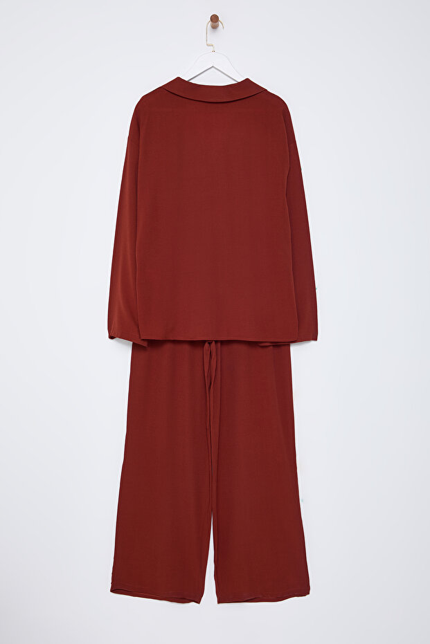 Kiremit Oversize Önü Bağlamalı Bluz Ve Geniş Paça Pantolon Dokuma Alt-Üst Takım TWOSS25AU00035 - 9