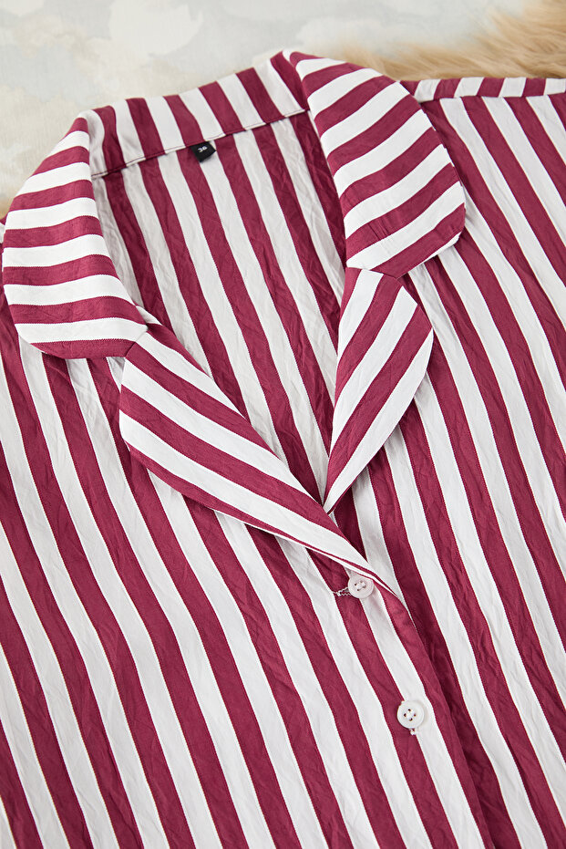 Bordo Çizgili Dokulu Kumaştan Şortlu Dokuma Pijama Takımı THMSS25PT00026 - 7