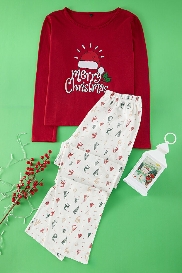 Kırmızı Pamuklu Yılbaşı Temalı Örme Pijama Takımı THMAW25PT00220