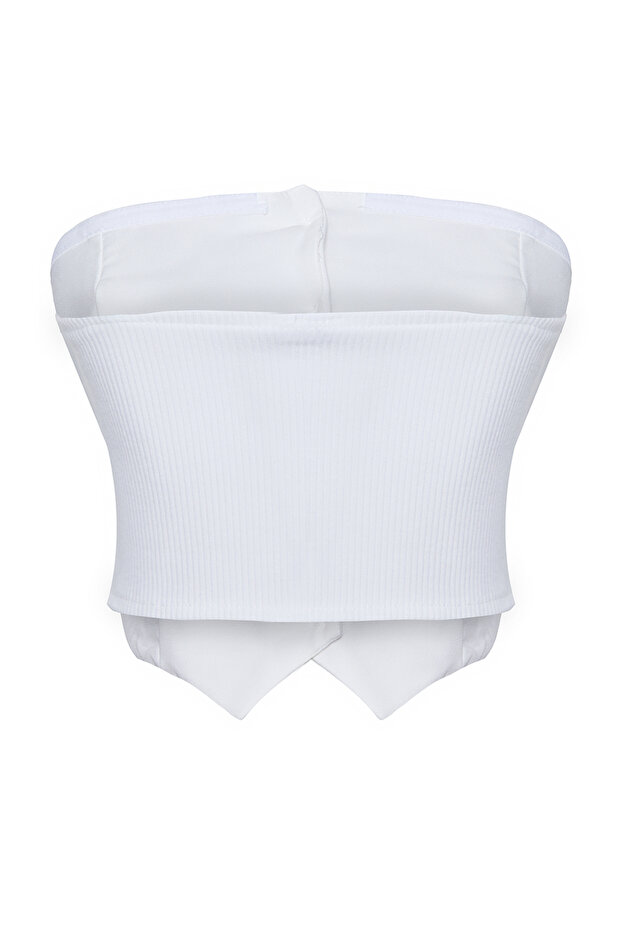 Beyaz Straplez Düğme Detaylı Crop Dokuma Bluz TWOAW24BZ00421 - 5