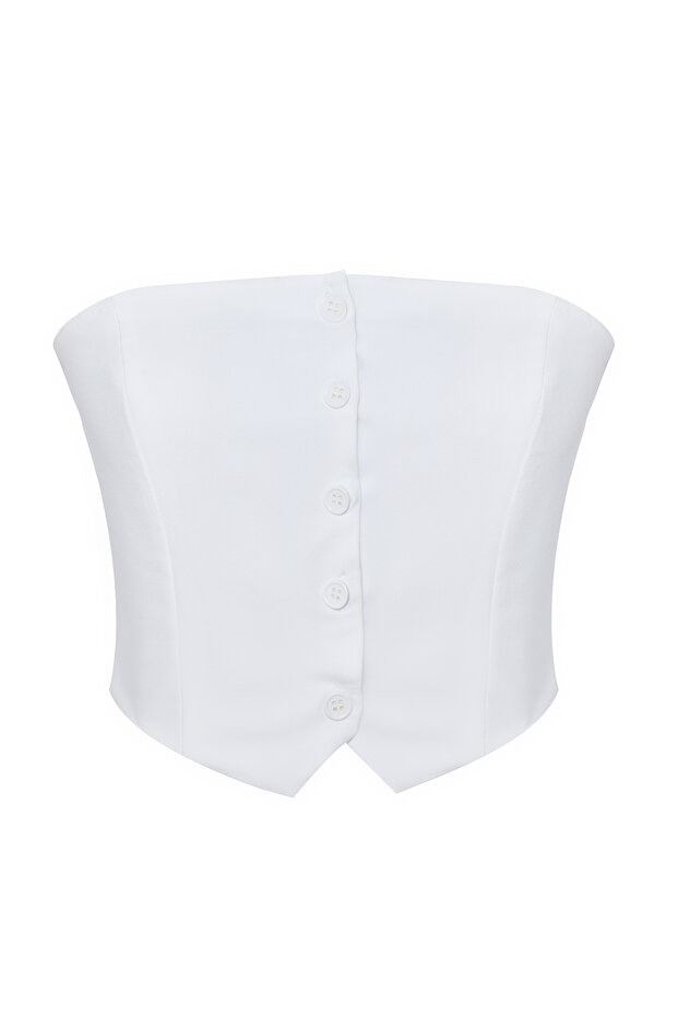 Beyaz Straplez Düğme Detaylı Crop Dokuma Bluz TWOAW24BZ00421 - 3