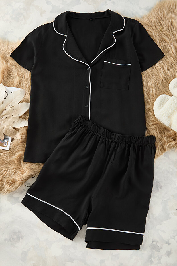 Fekete Piping részletes viszkóz szőtt pizsama szett TBBSS25AI00016 - 6