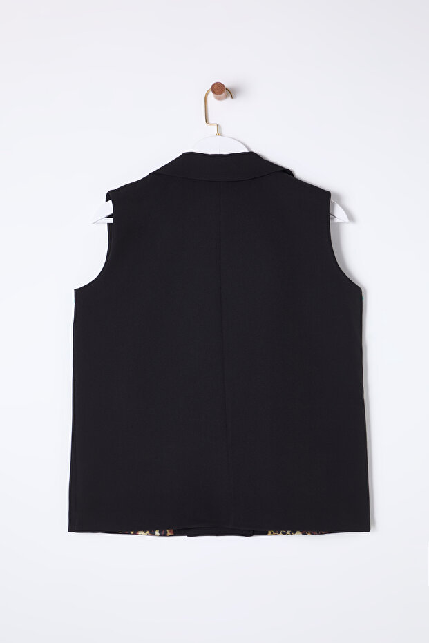 Siyah Oversize Leopar Astarlı Cep Detaylı Dokuma Kruvaze Yelek TWOSS25YE00014 - 9