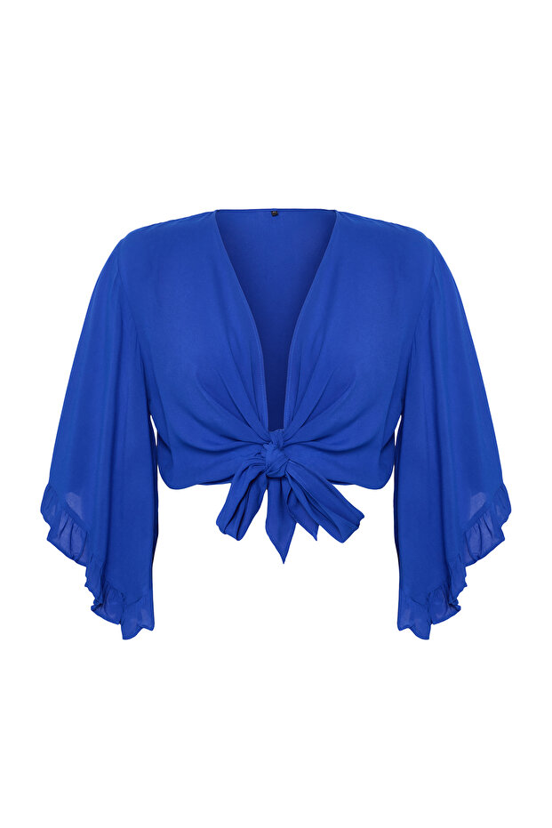 Plaj Giyim Indigo Crop Kolu Fırfırlı Volanlı Kruvaze Yaka Bluz TBBSS24AF00071 - 6