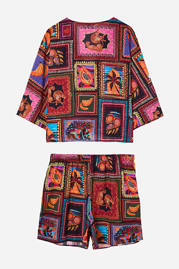Çok Renkli Tropikal Desenli Bağlama Detaylı Beachwear Büyük Beden Alt-Üst Takım TBBSS25CP00001 - 9