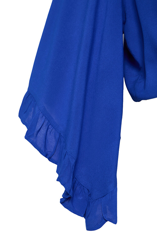 Plaj Giyim Indigo Crop Kolu Fırfırlı Volanlı Kruvaze Yaka Bluz TBBSS24AF00071 - 7