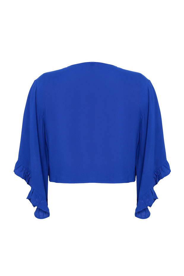 Plaj Giyim Indigo Crop Kolu Fırfırlı Volanlı Kruvaze Yaka Bluz TBBSS24AF00071 - 8