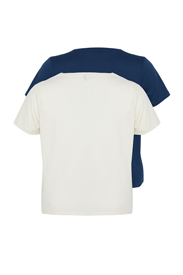 Çok Renkli 2'li Paket Basic Örme Büyük Beden T-Shirt TBBSS22TS0705 - 10