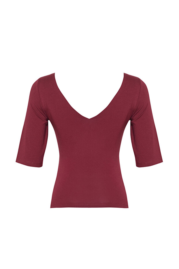 Bordo Fitted/Vücuda Oturan V Yaka Sırt Dekolteli Esnek Örme Bluz TWOSS25BZ00083 - 8