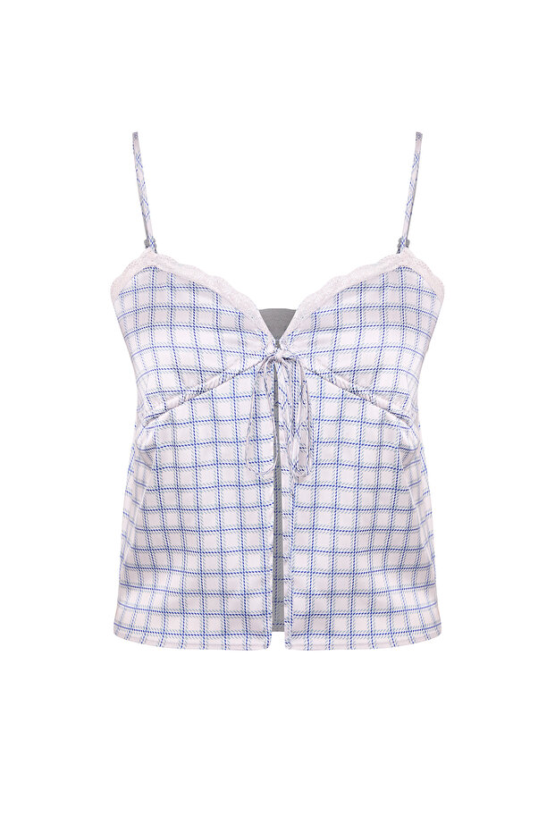 Çok Renkli Ekose Askılı Saten Bağlama Detaylı Crop Dokuma Bluz TWOSS25BZ00056 - 6