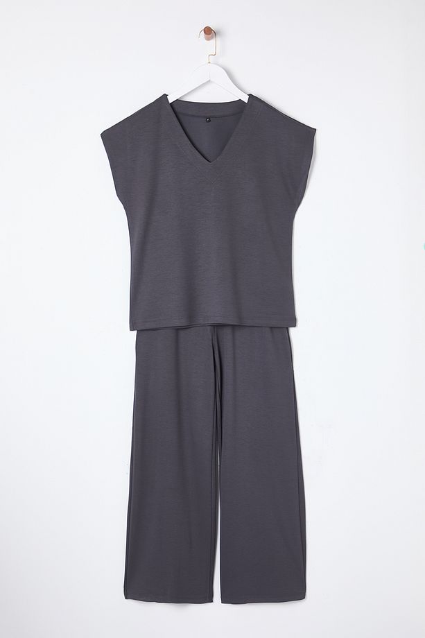 Antrasit V yaka Oversize/Geniş Kalıp Örme Alt-Üst Takım TWOSS25AU00012 - 6