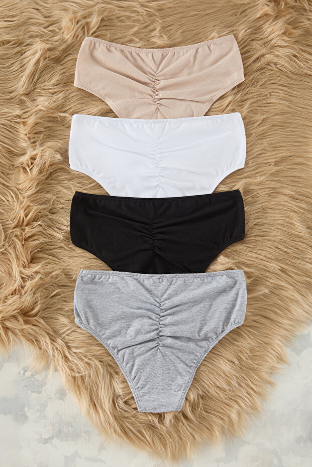 Siyah-Beyaz-Çok Renkli 4'lü Paket Pamuklu Büzgü Detaylı Hipster Örme Külot THMSS25KU00015 - 6