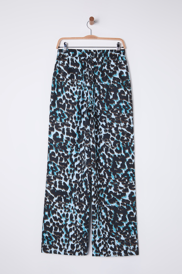 Mavi Beli Lastikli Wide Leg/Geniş Paça Leopar Desenli Dokuma Pantolon TWOSS25PL00005 - 9