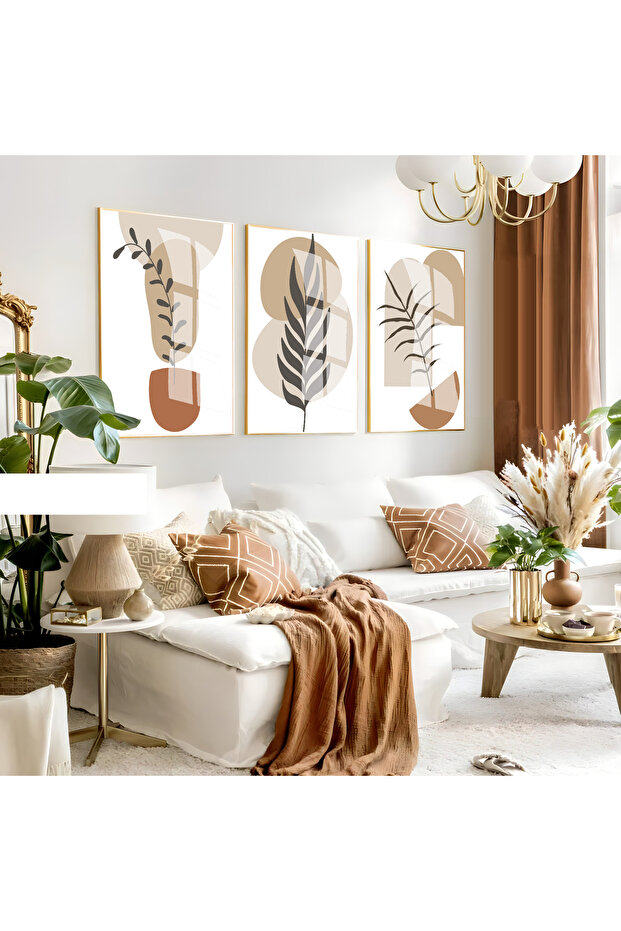 Hari̇kabi̇rev | Cream-Brown Minimalist Bohemian Leaf Set | Framed Glass Table 3 Pieces Vertical