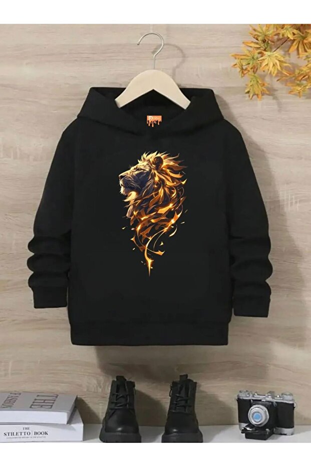 Boy's Lion Printed Hooded Sweatshirt